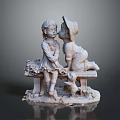 Adorable Garden Statue With Two Kids Sitting On Bench And Little Puppy