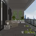 Modern Home Balcony With Wooden Flooring Rattan Sofa Green Plant Wall And City View