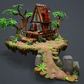 Cartoon Treehouse Scene With Wooden Structure Big Trees Stone Stairs And Green Plants