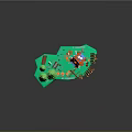 Cartoon Scene With Red And Blue House Green Trees Wooden Logs Ladder And Grassy Base