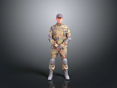 Man in Military Camouflage Uniform with Cap Knee Pads Boots Standing Against Gray Background 3d model