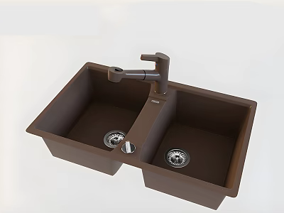 Brown Double Bowl Kitchen Sink With Modern Faucet And Drain Openings 3d model