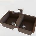 Brown Double Bowl Kitchen Sink With Modern Faucet And Drain Openings