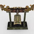Ancient Chinese Bronze Chime Bell With Dragon Shaped Decorations Ornate Base And Intricate Carved Patterns