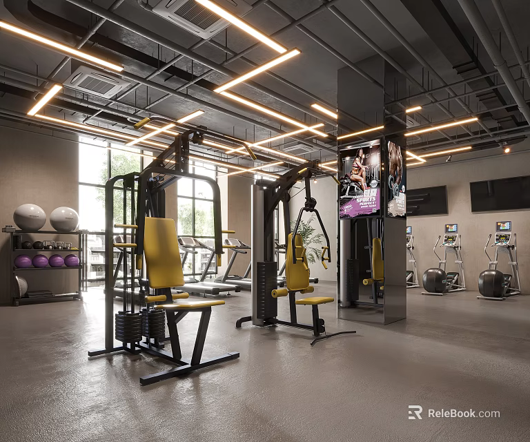 Fitness Gym Interior With Yellow Seated Equipment Mirrors And Floor To Ceiling Windows 3d model 