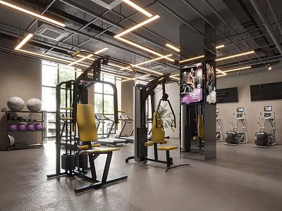 Fitness Gym Interior With Yellow Seated Equipment Mirrors And Floor To Ceiling Windows 3d model
