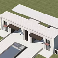 Modern Entrance Gate With White Stone Columns And Reflecting Pool In Courtyard