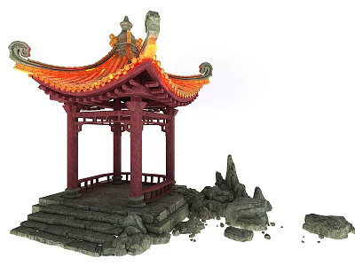 Traditional Chinese Pavilion With Red Pillars Orange Tiled Roof And Rock Formations 3d model
