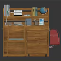 Wooden Study Desk With Bookshelf Globe Lamp Books Red Schoolbag And Matching Chair