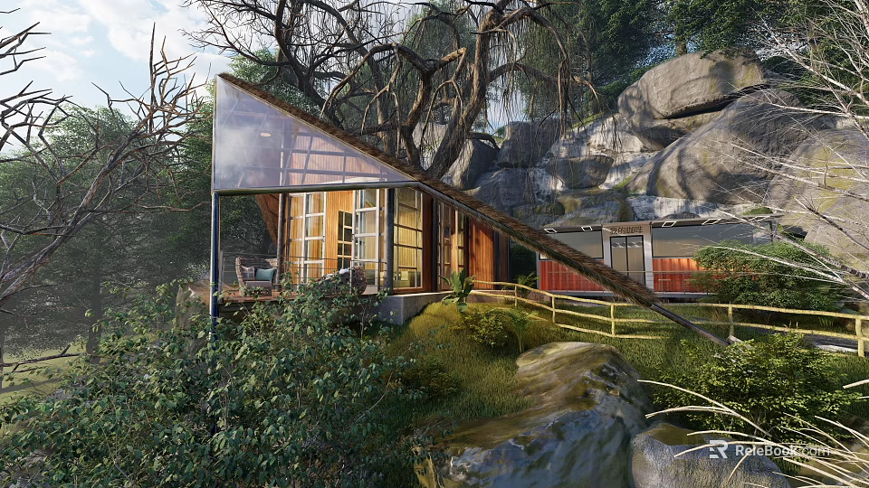 Detached Villa On Hillside With Glass Wooden Structure Trees Rocks And Terrace 3d model 