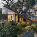 Detached Villa On Hillside With Glass Wooden Structure Trees Rocks And Terrace