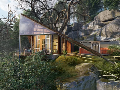 Detached Villa On Hillside With Glass Wooden Structure Trees Rocks And Terrace 3d model