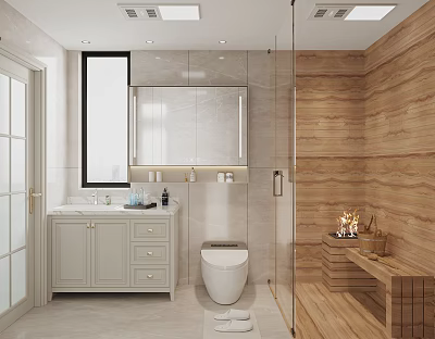 Modern Bathroom Interior With Wooden Walls Light Gray Vanity And Glass Shower Area 3d model