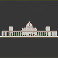 3D Circular Architectural Model With Central Domed Building Symmetrical Structures Green Lawn And Surrounding Pathway
