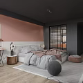 Modern Bedroom Interior With Large Window Mountain View Pink Wall Gray Bedding And Black Chairs