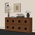 Modern Wooden Entryway Console Table With Square Panel Doors Vase Books And Table Lamp 3d model