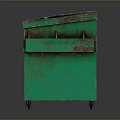Green Dumpster With Blue Red Striped Top And Asbestos Warning Label