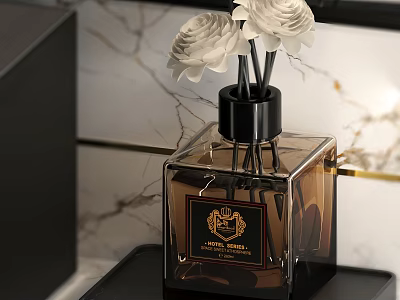 Elegant Fragrance Bottle With White Flowers On Black Base And Marble Background 3d model