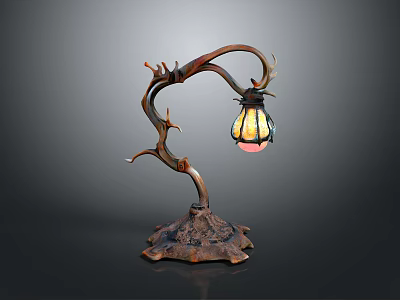Rustic Antler Shaped Table Lamp With Curved Metal Pole Glass Lantern Shade And Illuminated Base 3d model
