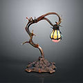 Rustic Antler Shaped Table Lamp With Curved Metal Pole Glass Lantern Shade And Illuminated Base