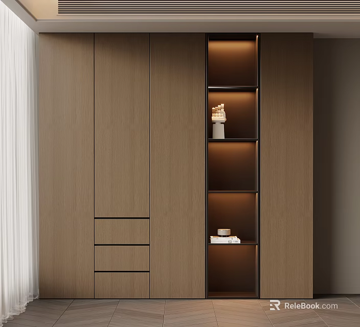 Modern Light Brown Wooden Built in Bookcase with Drawers Open Shelves Illuminated and Decorative Items 3d model 