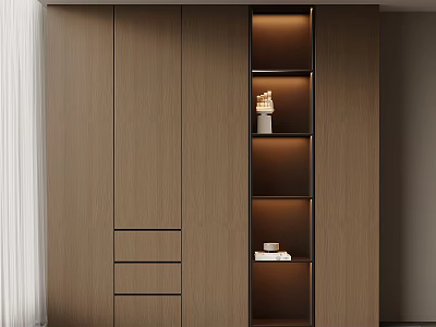 Modern Light Brown Wooden Built in Bookcase with Drawers Open Shelves Illuminated and Decorative Items 3d model
