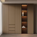 Modern Light Brown Wooden Built in Bookcase with Drawers Open Shelves Illuminated and Decorative Items