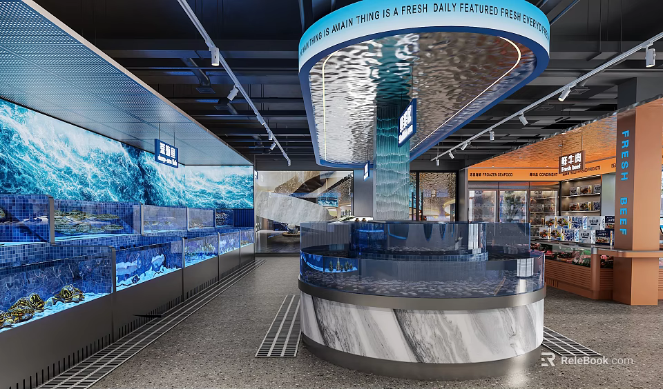Supermarket Seafood Section Featuring Large Aquariums And Marble Counter With Blue Lighting 3d model 