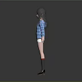 Woman With Long Black Hair Dressed In Blue Argyle Sweater And White Shorts