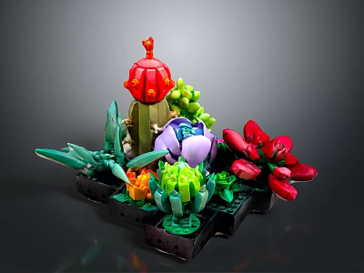 Lego Built Succulent And Flower Arrangement With Colorful Cactus Purple Bloom Red Petals 3d model