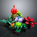 Lego Built Succulent And Flower Arrangement With Colorful Cactus Purple Bloom Red Petals