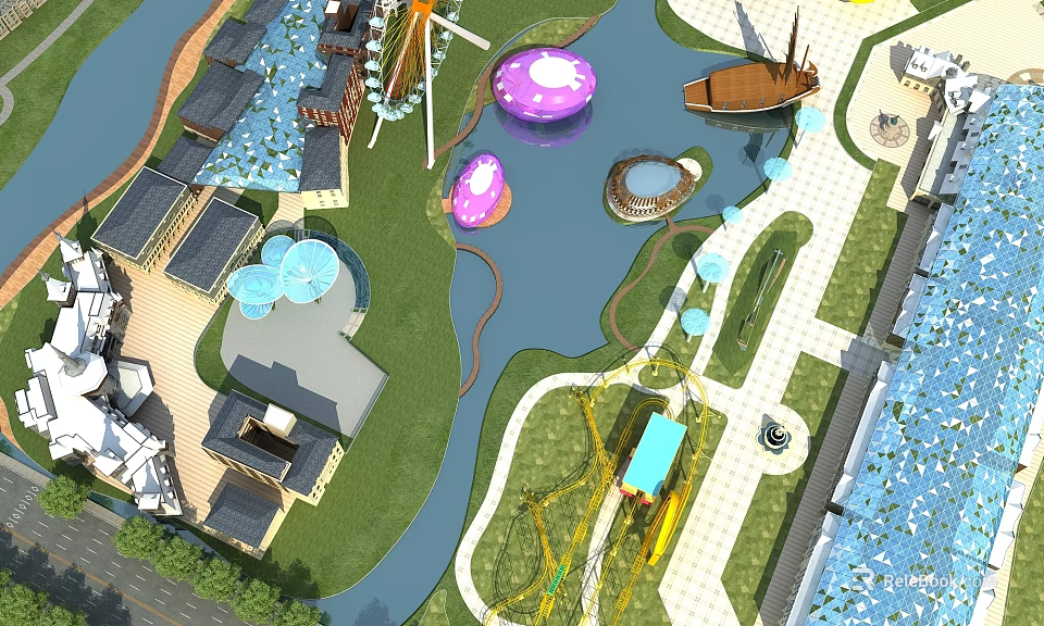 Amusement Park With Water Area Colorful Structures Green Lawns Walking Paths And Wooden Boats 3d model 