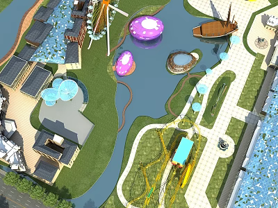 Amusement Park With Water Area Colorful Structures Green Lawns Walking Paths And Wooden Boats 3d model