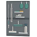 Organized Bathroom Accessories Storage With Grid Panel Green White Cleaning Tools And Holder 3d model