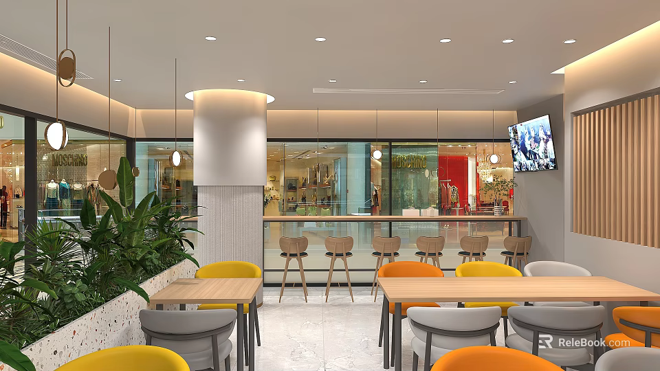 Modern Bright Casual Restaurant Interior Design With Colorful Chairs Large Glass Windows And Cozy Lighting 3d model 