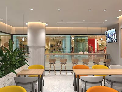 Modern Bright Casual Restaurant Interior Design With Colorful Chairs Large Glass Windows And Cozy Lighting 3d model