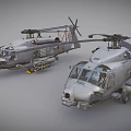 Two Gray Military Helicopters With Rotors And Detailed Equipment On