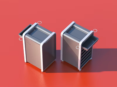Two Gray Square Household Supply Boxes With Silver Borders And Hooks On Red Background 3d model