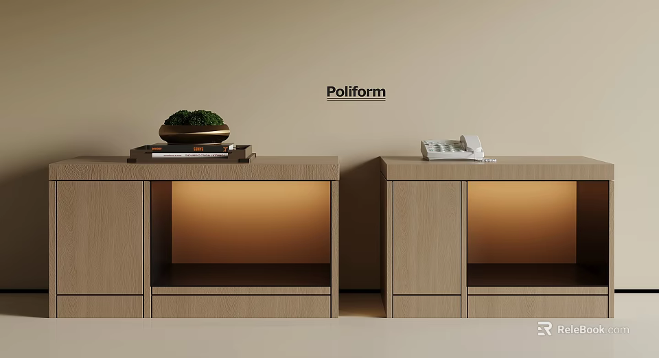 Hotel Room Featuring Two Light Wood Nightstands With Illuminated Compartments Potted Plant And Telephone 3d model 