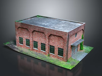 Red Brick Building Model With Arched Windows And Gray Roof On Grass Field And Path 3d model