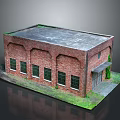 Red Brick Building Model With Arched Windows And Gray Roof On Grass Field And Path