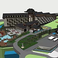 Hotel Building Complex Layout With River And Green Surrounding Areas