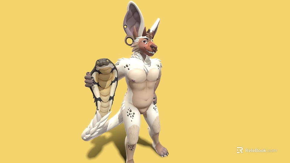 Anthropomorphic Game Movie Character With Large Ears White Fur Spots Holding Snake 3d model 