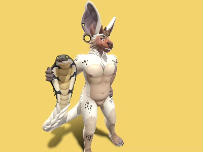 Anthropomorphic Game Movie Character With Large Ears White Fur Spots Holding Snake 3d model