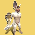 Anthropomorphic Game Movie Character With Large Ears White Fur Spots Holding Snake