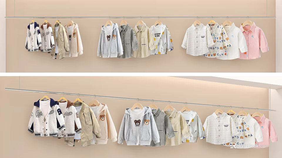 Cute Soft Kids Clothes Display With Light Colors And Cartoon Prints On Hangers 3d model 