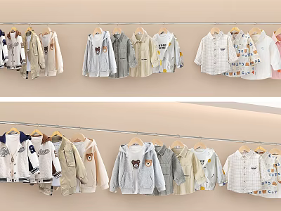 Cute Soft Kids Clothes Display With Light Colors And Cartoon Prints On Hangers 3d model