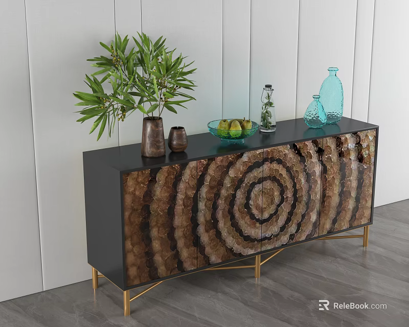Elegant Modern Console Table With Spiral Pattern Gold Metal Legs Green Plant And Decorative Vases 3d model 