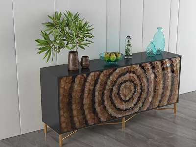 Elegant Modern Console Table With Spiral Pattern Gold Metal Legs Green Plant And Decorative Vases 3d model