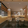 Modern Chinese Noodle Restaurant Interior With Wooden Decor Dining Tables And Pendant Lights